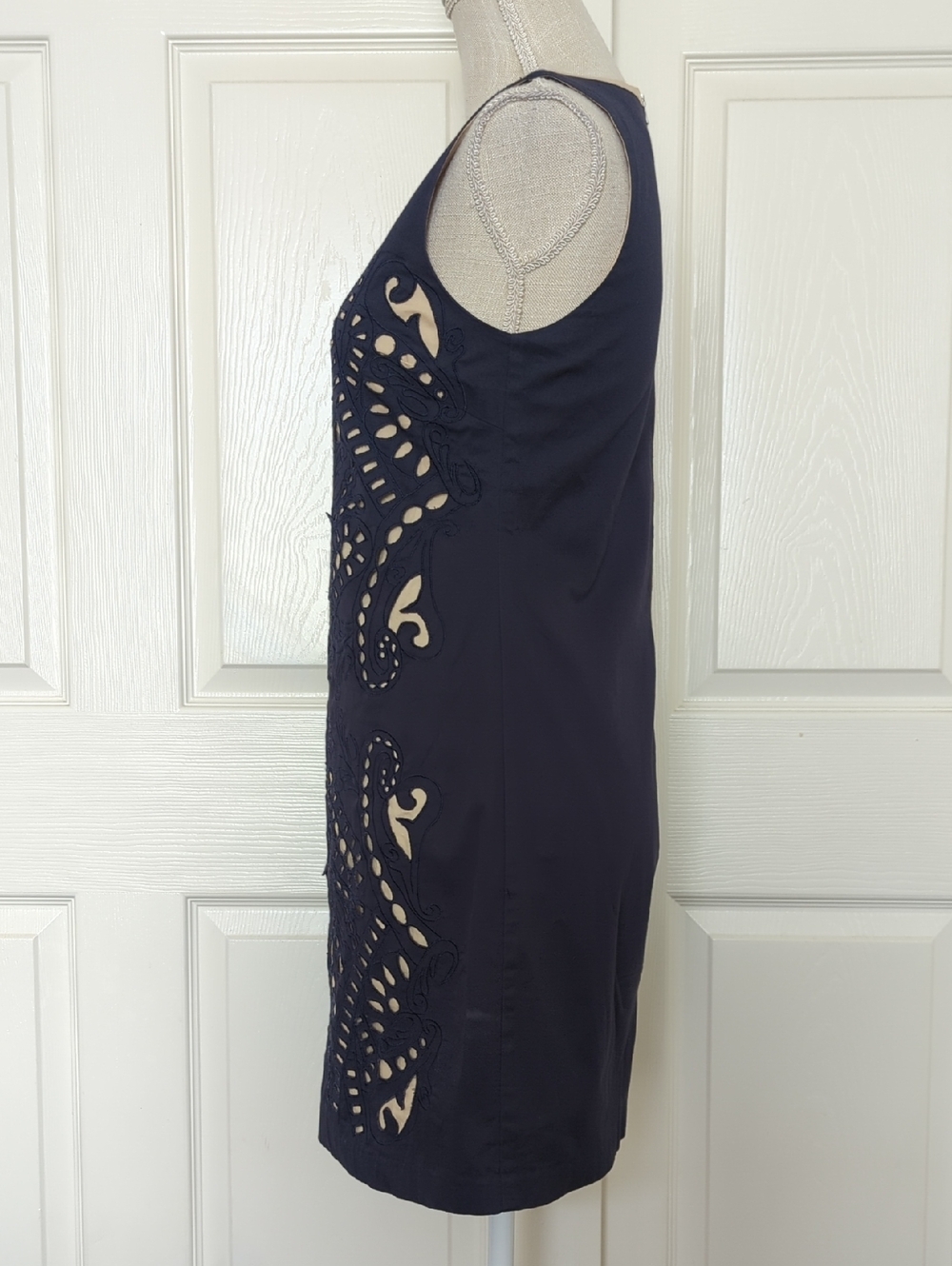 I. Madeline Navy Laser-Cut Mini Dress with Nude Underlay - Picture 4 of 8